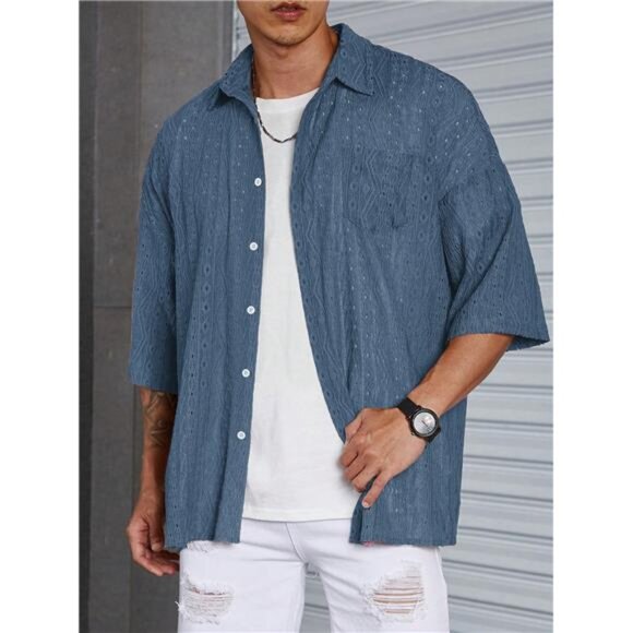 Loose Fit Men's Solid Drop Shoulder Shirt - Men Summer & Beach Wear - Picture 6 of 7